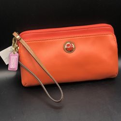 Coach Poppy Leather Wristlet Wallet Clutch Coral Orange Double Zipper
