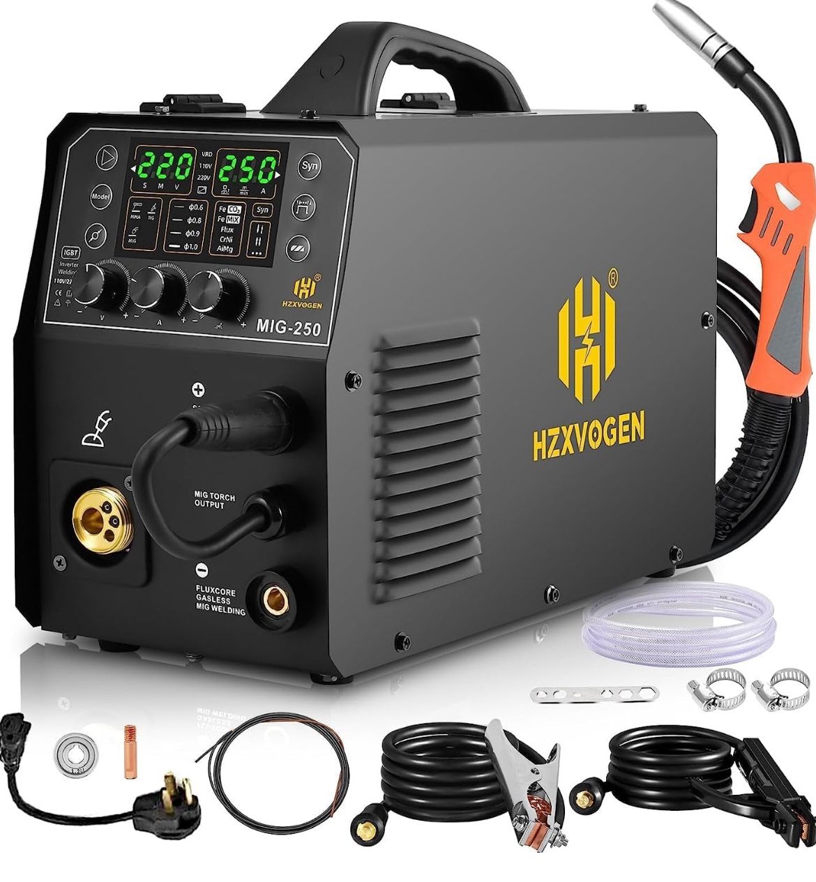 HZXVOGEN Aluminum Welder, 200A MIG Welder 110V/220V, 5 IN 1 Gas/Flux core MIG/Pulse/Lift TIG/Stick Welding Machine Synergy Aluminum Welder Machine Wit