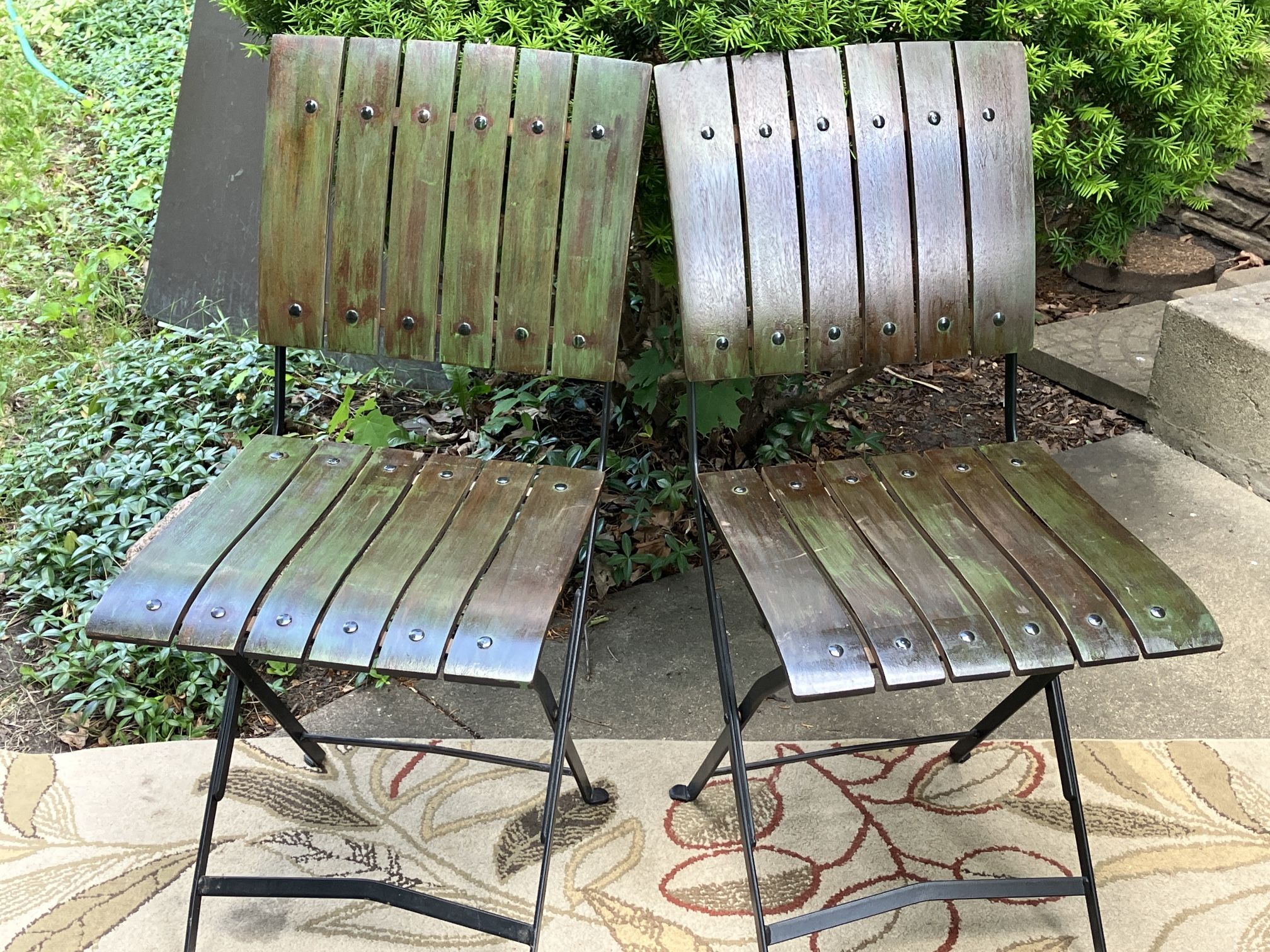 2 Steel Base, Wood Slat Folding Chairs