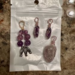 Set of Four Small Wire Wrapped Amethyst Crystal Necklace Pendants