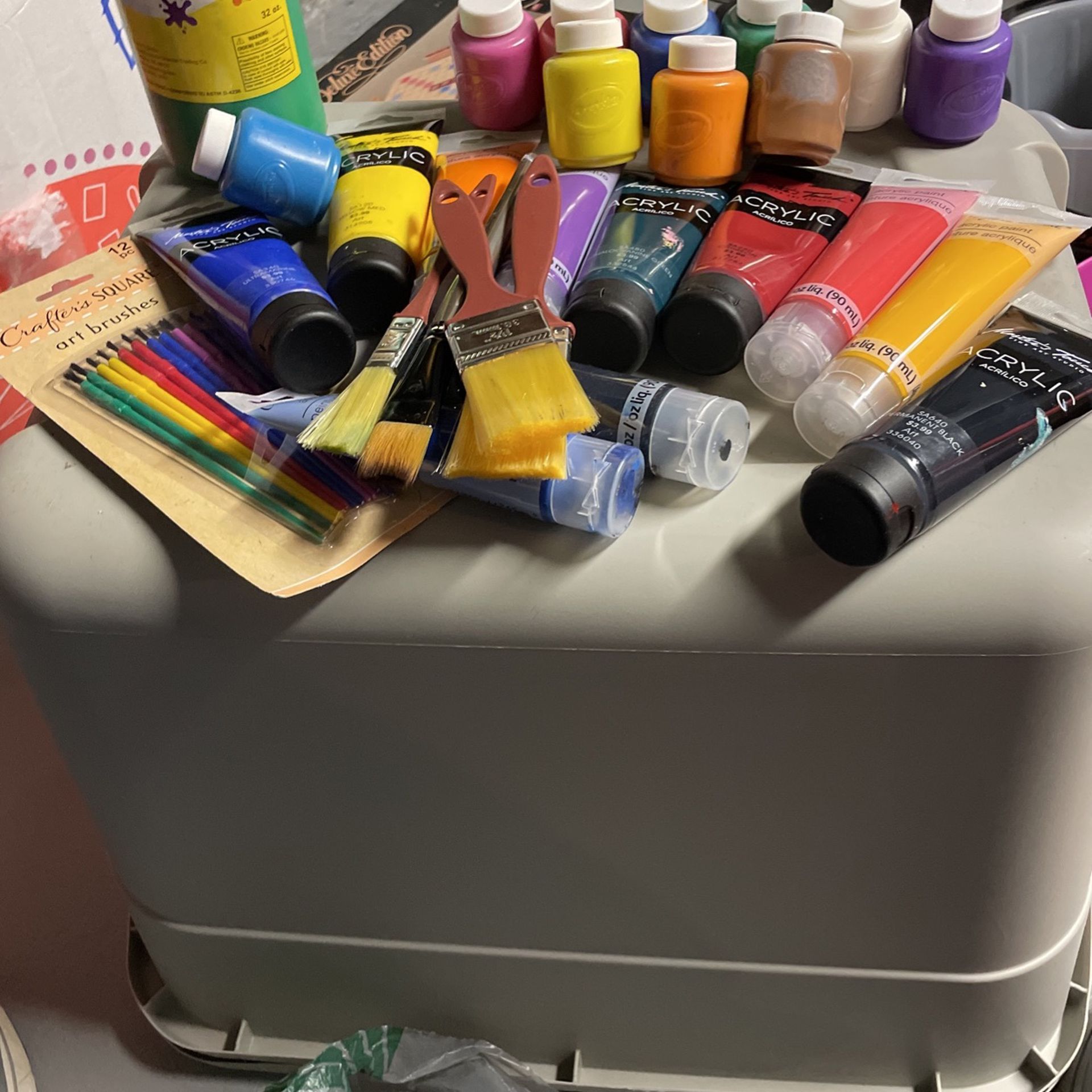 Assorted Paints And Brushes, Most Full. Brushes Very Good Condition 