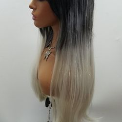 Long Black with Blonde Straight Wig