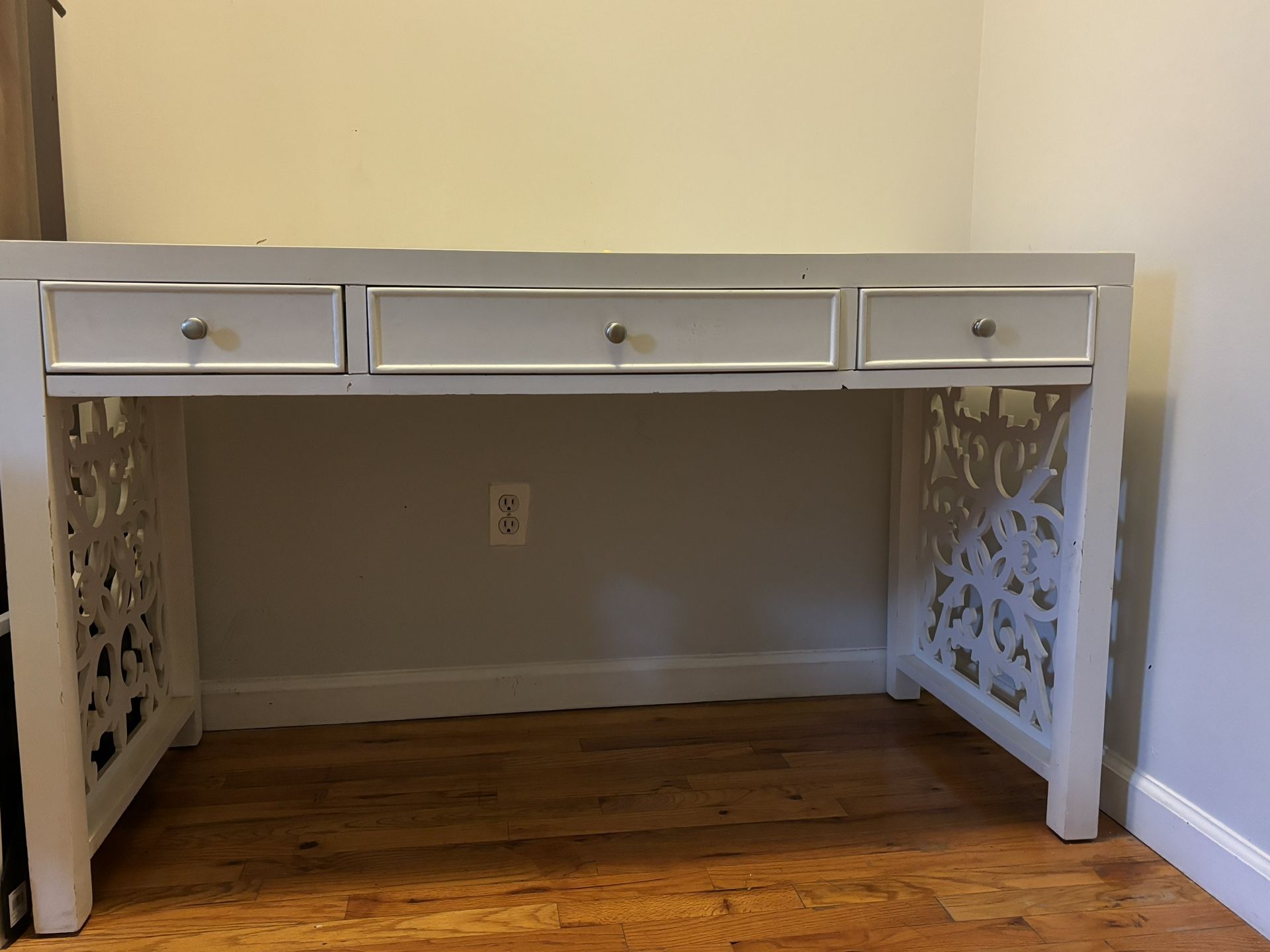 Decorative desk with 3 shallow drawers and custom glass top