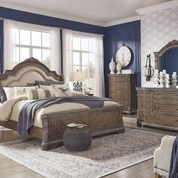 Brown 7Pc.Dresser Mirror Queen Upholstered Sleigh Bed 2 Nightstands