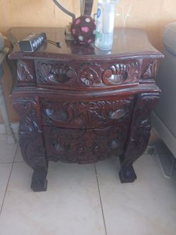 Matching wood 3 draw carved tables