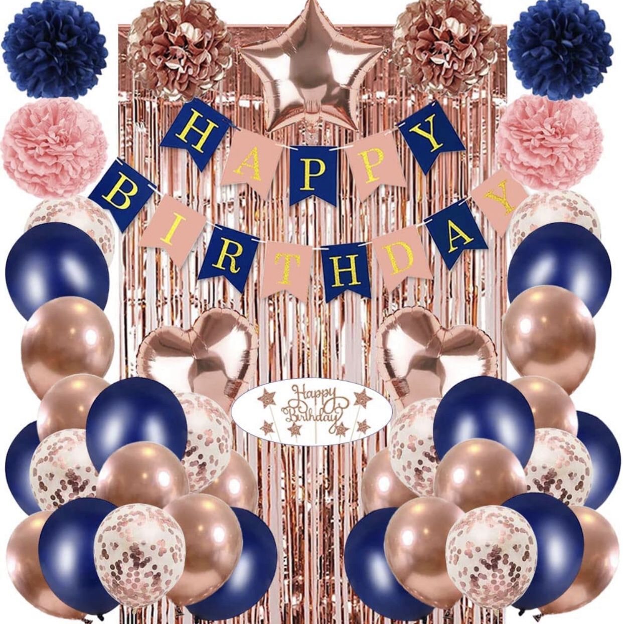 Navy Blue Rose Gold Happy Birthday Party Decorations Kit for Women Girls Men, Banner, Flower Pompoms, Fringe Curtain, Cake Topper, Foil Balloons 
