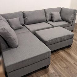Brand New Grey Linen Sectional Sofa +Ottoman (New In Box) 