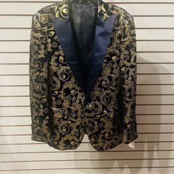 Festive Embroidered Navy Blue & Gold Velvet Dinner Jacket - Size 36