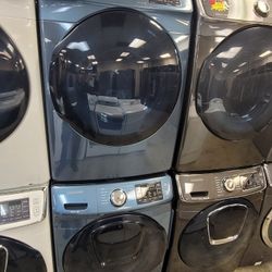 Blue Samsung Front Loading Washer And Stackable Gas Dryer Set 