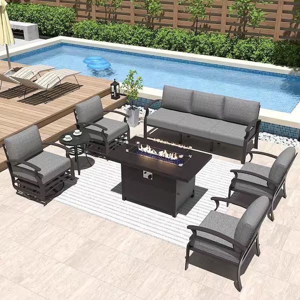 7-Pc - Gray Cushion Outdoor Metal Patio Sectional Set w/ Fire Pit Table [NEW - NEVER USED ] **Retails for $1300+**  <Already Assembled>
