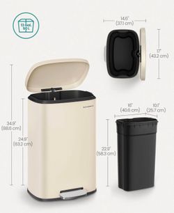 13 Gallon (50 L) Trash Can, Stainless Steel Kitchen Garbage Can, Recycling or Waste Bin, Soft Close, Step-On Pedal, Removable Inner Bucket, Sand Beige
