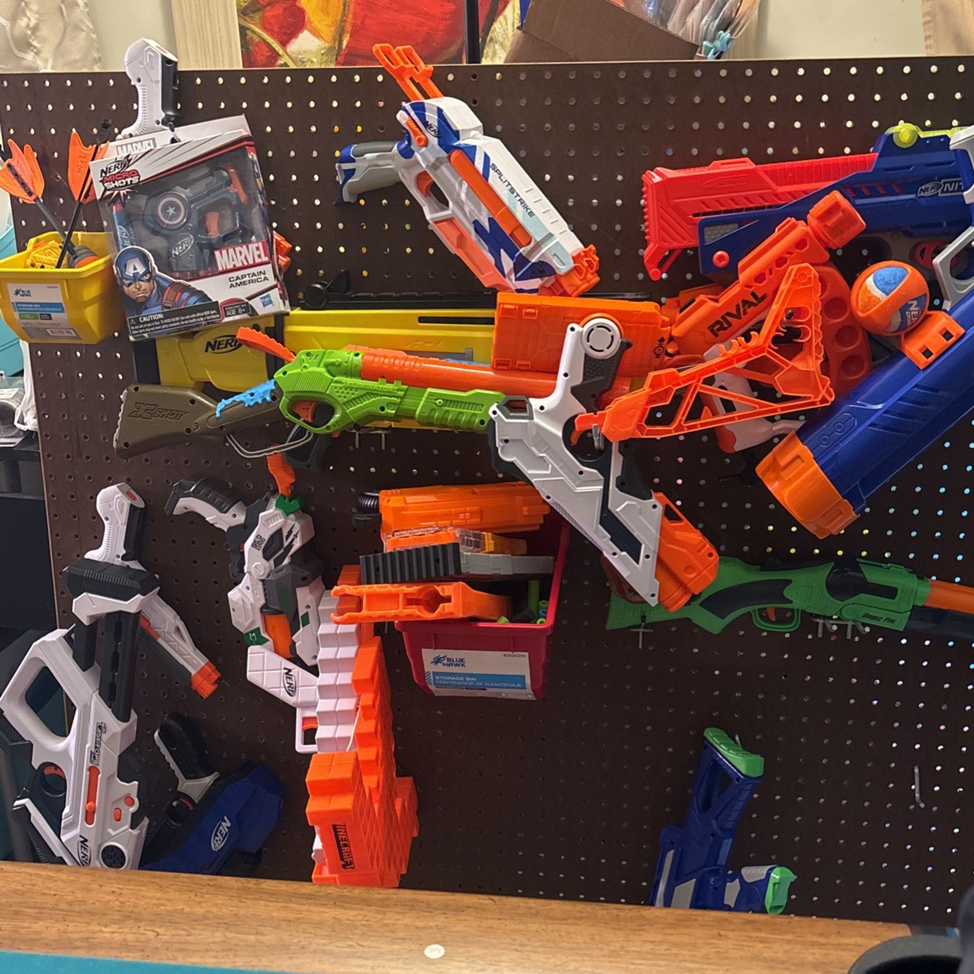 Nerf Guns + Bullets + Peg Board And Pegs
