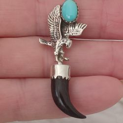 Vtg.Native RARE STERLING SILVER Eagle Onyx Tooth& Turquoise Pendant Necklace- 19 In.