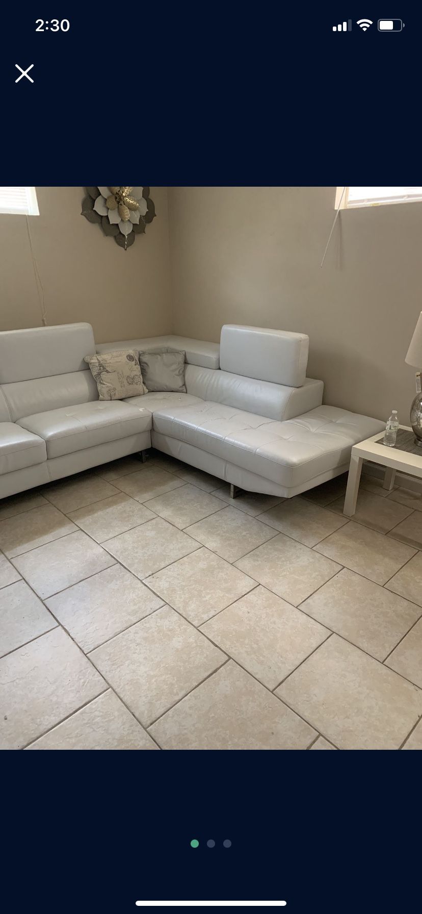 White Leather Two Piece Sectional 