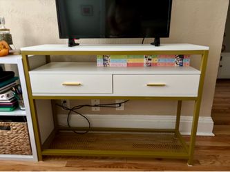 Gold and white Console Table with 2 Drawers and Open Storage Shelves