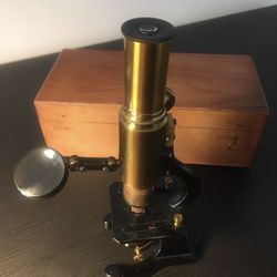 Antique French Brass W/ Cast Iron Base Medical & Scientific Study Microscope
