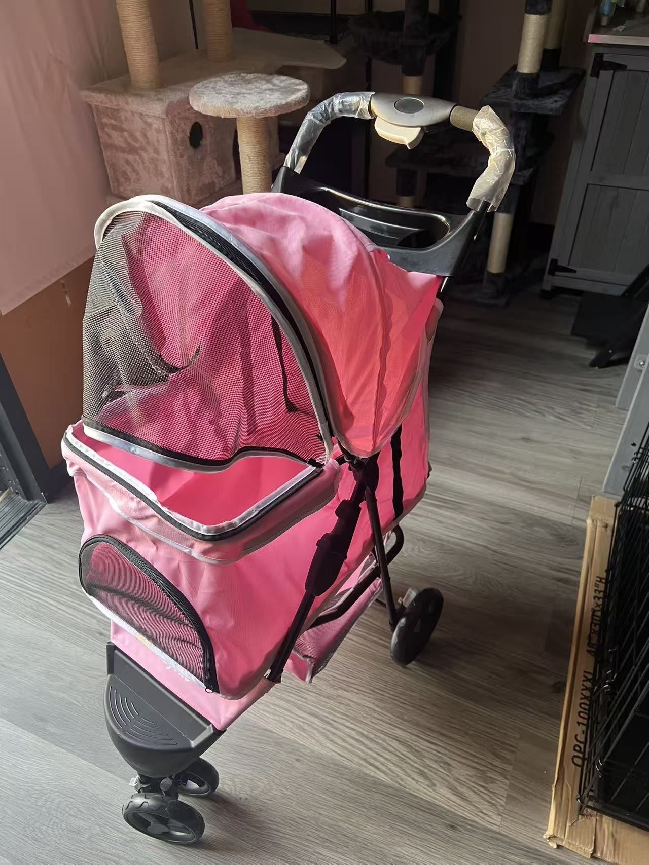 3 Wheels Foldable Pet Strollers with Storage Basket and Cup Holder for Small and Medium Cats, Dogs