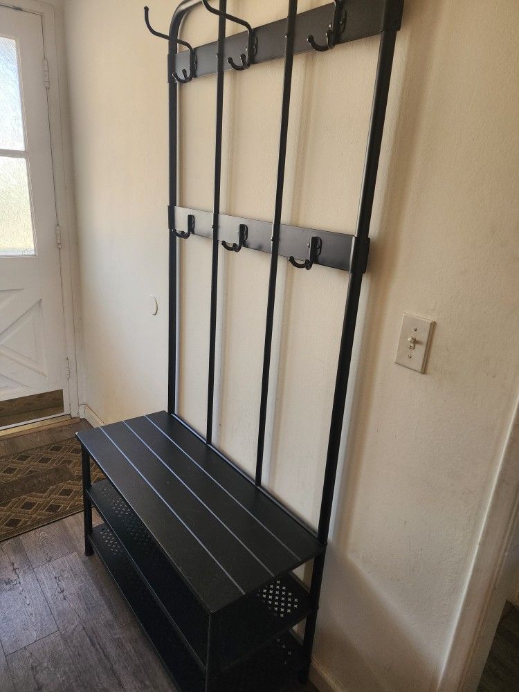 PINNIG coat rack with shoe storage bench