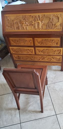 Chinese Hand-Carved Wood Dresser with Chair