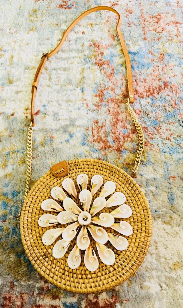 Brown Rattan Woven Shelled Crossbody Purse