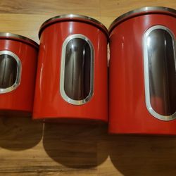 Brand New Set Of 3 Red And Stainless Steel Air Tight Kitchen Canisters With Windows! Small Medium And Large! 