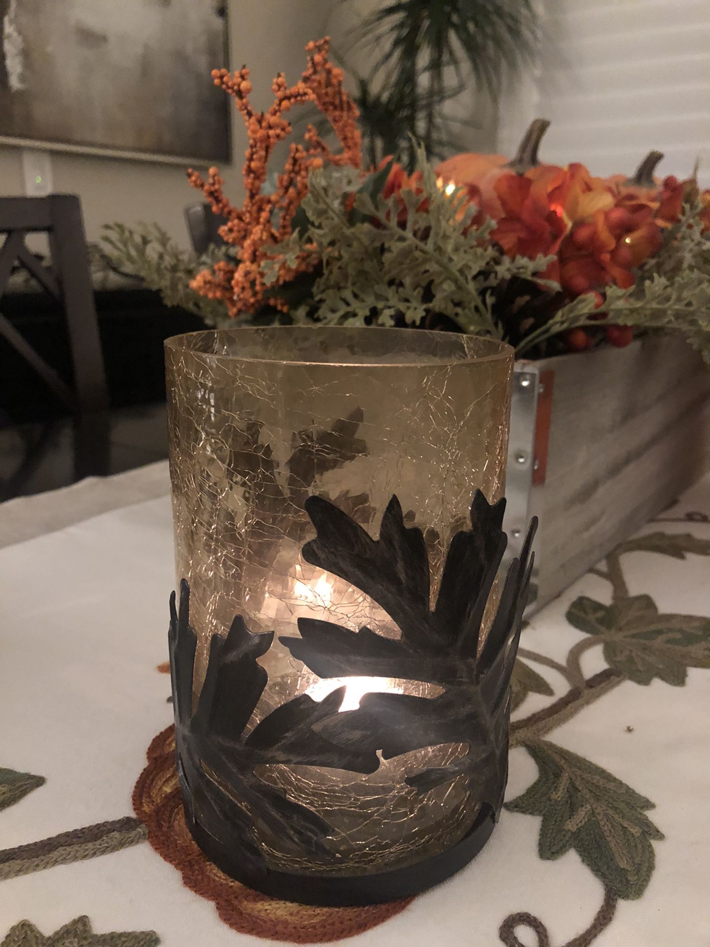 Fall/Thanksgiving Seeded Glass & Metal Candle Holder 6 inches Tall
