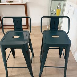 Set of 2 Green Metal Bar Stools with Backrest