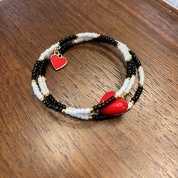 New Hand Beaded Triple Wrap Bracelet Layered Red Heart Black White Gold 