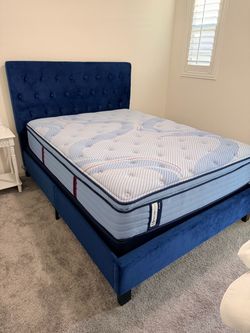 NEW Blue Queen Bed Frame, Box Spring, And Mattress Set