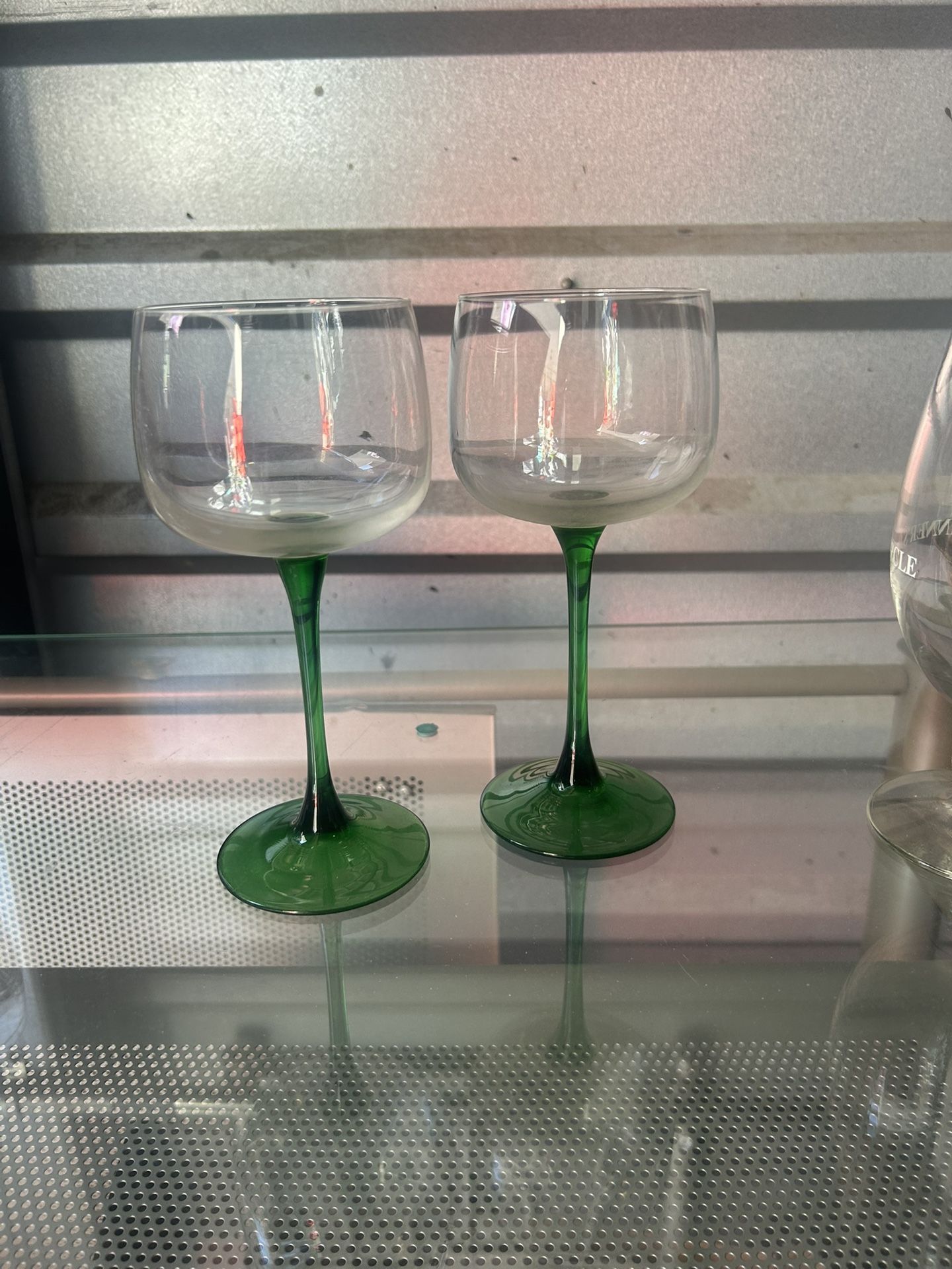 2 Vintage Green Stem Wine Glasses