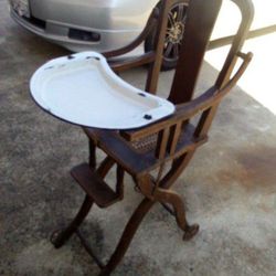 Antique High Chair Buggy Stroller FOLDING 1900's Furniture Fold Up Child's Baby Wooden Porcelain Metal Tray  Iron Wheels