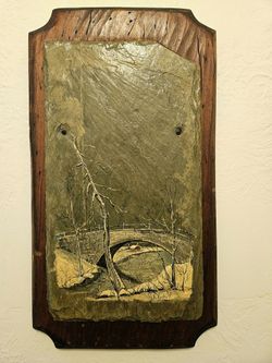 New England Folk Art Painting On Slate Mounted On A solid Wood Plaque