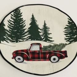 NEW Winter Wonder Lane Buffalo Plaid Retro Truck 15” Serving Platter