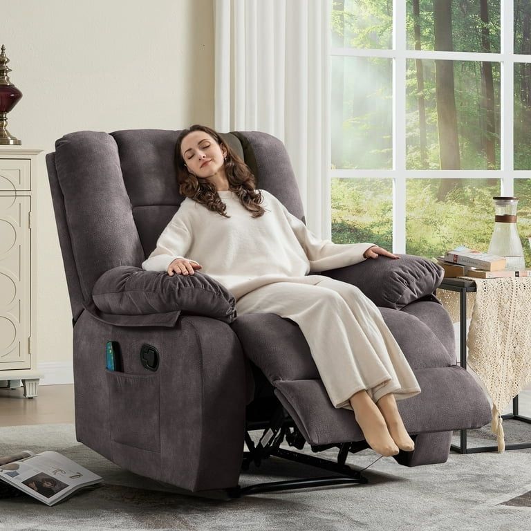 Overstuffed Massage Recliner Chair with Heat and Vibration – Soft Fabric Manual Reclining Chair for Living Room and Bedroom – Gray