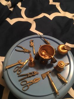 Vintage miniature brass tools/ furniture pieces