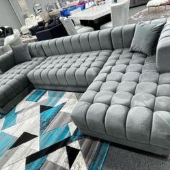 GREY VELVET DOUBLE CHAISE SECTIONAL 