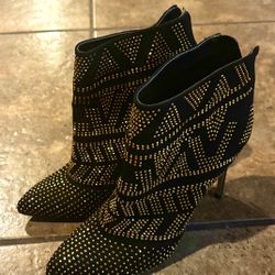 Thalia Sodis Black & Gold Studded Stiletto Ankle Boots Booties