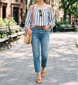 Blue & White Striped Off-Shoulder Top