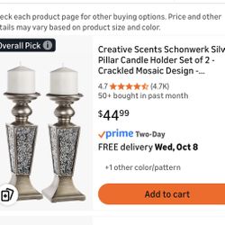 Creative Scents Schonwerk Silver Pillar Candle Holder Set of 2 - Crackled Mosaic Design - Centerpiece Table Decoration - Coffee Table Decor - Decorati