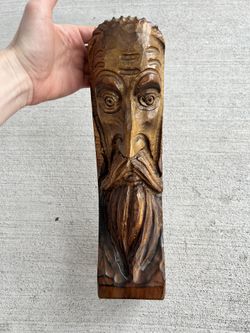 Vintage Hand Carved Wooden Bearded Man Sculpture Folk Art Figure 13.5”