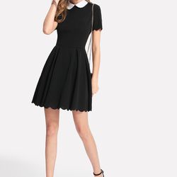Floerns Doll Collar Short  Dress L pleated elastic fabric & waist casual party black short sleeves  Length 35”, pit to pit 18”, waist 31”  Unlined lig