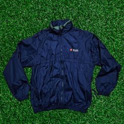 Trimark Mens Large Sun Logo Windbreaker Raincoat Hoodie Full Zip Jacket Blue