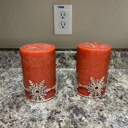 Like New, 2 Red Pillar Candles & 2 Silver Snowflake Candle Holders 