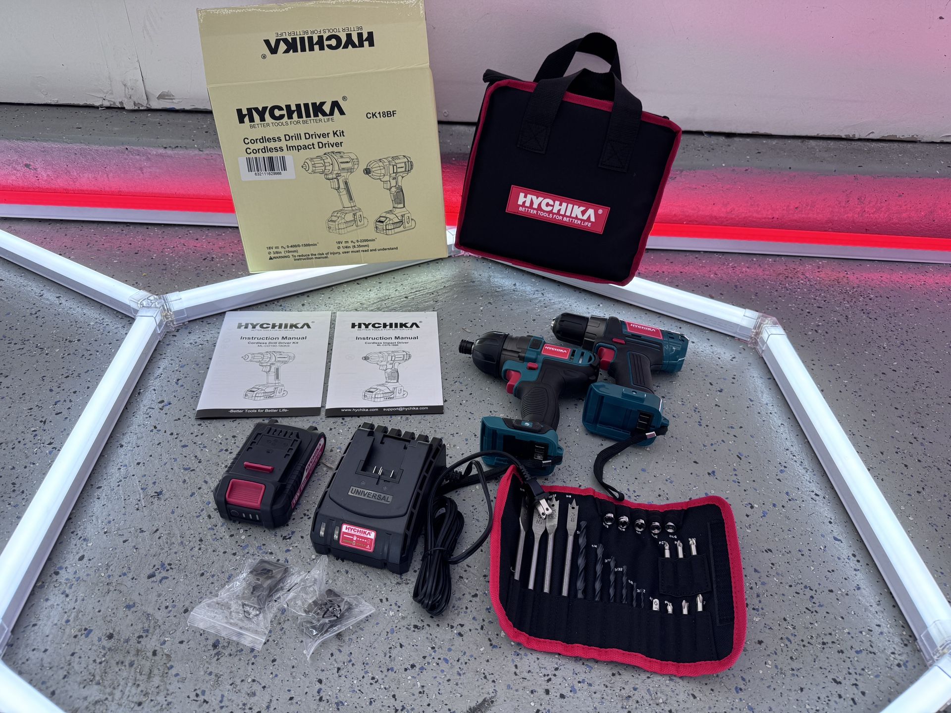 Brand New Cordless Drill Driver and Impact Driver 20V, HYCHIKA Drill Combo Kit, 2.0Ah battery, 1H Fast Charging, 22PCS Accessories SKU006-S1