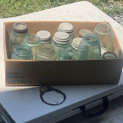 13 Old Mason Jars, Antique some have pewter lids