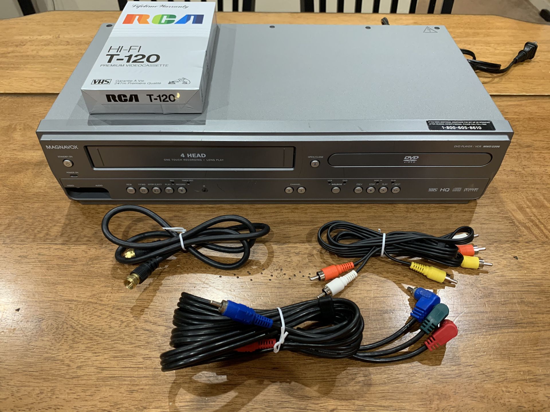 Magnavox MWD2206 DVD Player & VCR Combo w/ AV Component & Coaxial Cables & Tape