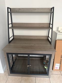 Furniture Style Dog Crate/Kennel with Hutch, Shelves & Bowls – Gray