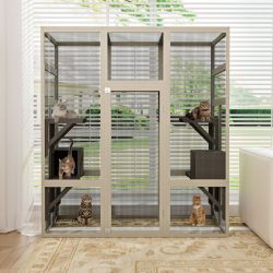 62.6 Gray Outdoor Wooden Cat House Large Catio, Solid Wood Cat Cage Shelter Enclosure Playpen with Anti-UV& Waterproof, 5 Platforms and 2 Resting Boxe