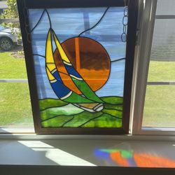 A Large Leaded Glass Sailboat In A Wood Frame(19”X25”)Great Nautical Sailing Theme in the Pacific NW