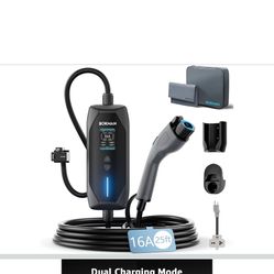 bokman Portable Level 2 EV Charger (240V, 16A), 25ft Cable and NEMA 6-20 Plug and NEMA 5-15 Adapter for Household Socket, Current Adjustable 6-16Amp (